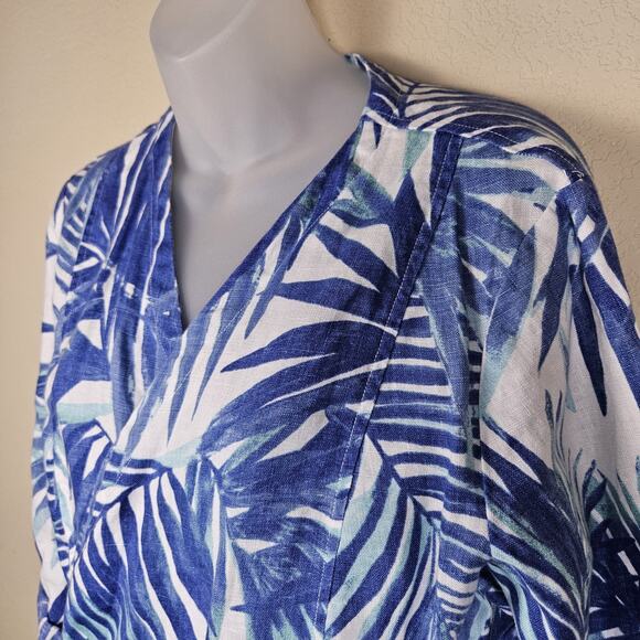 Chicos 2 Linen Open Blazer Jacket Roll Tab Sleeve White Blue Tropical Womens L - Picture 4 of 12